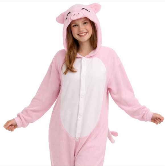 Pink Pig Fleece Onesie Pajamas Costume Adult Small - Picture 1 of 5